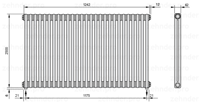 Схема (чертеж) Радиатор Zehnder Charleston 2250/27 №3570 Белый глянцевый RAL 9016